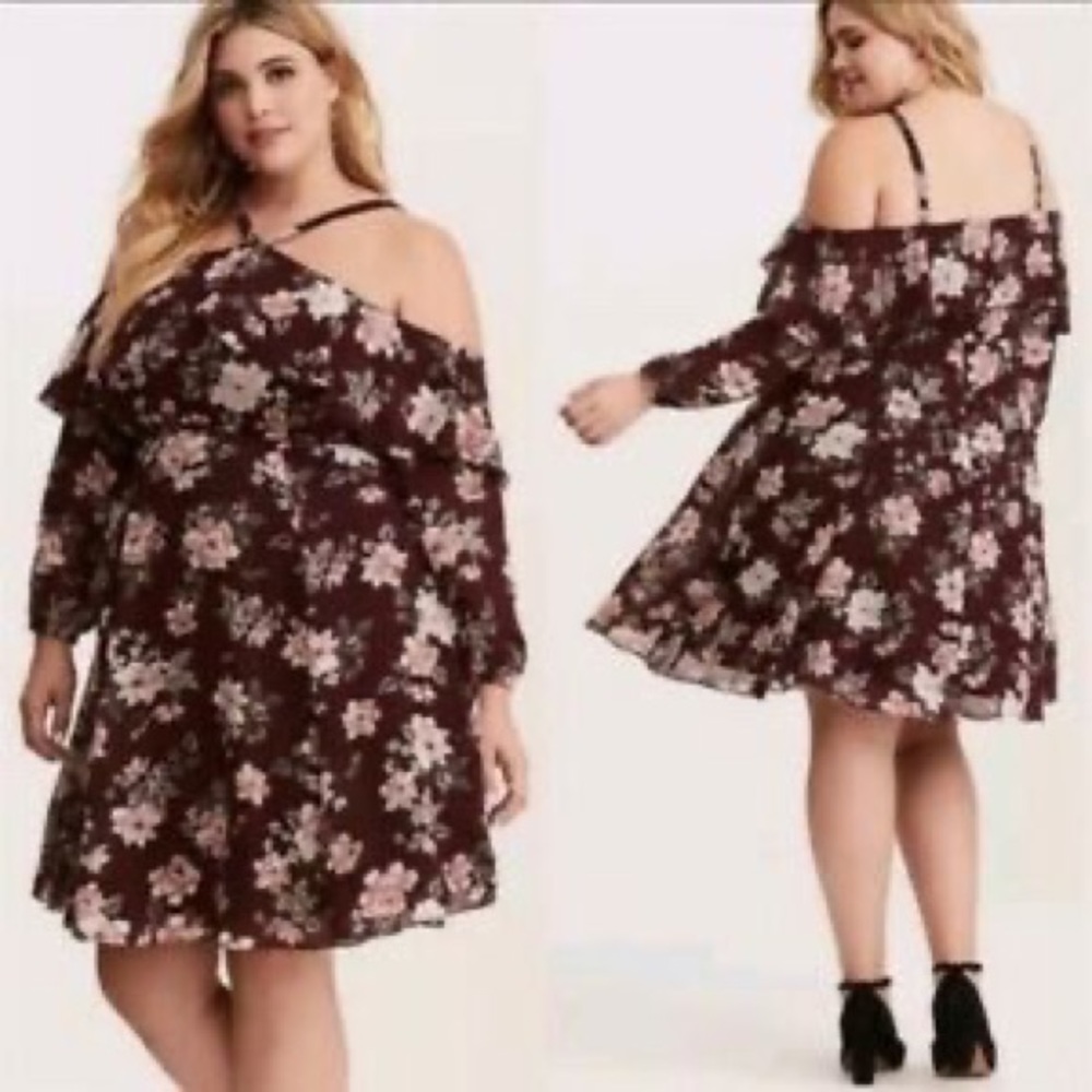 NWT Torrid Wine Cold Shoulder Ruffle Dress Size 22